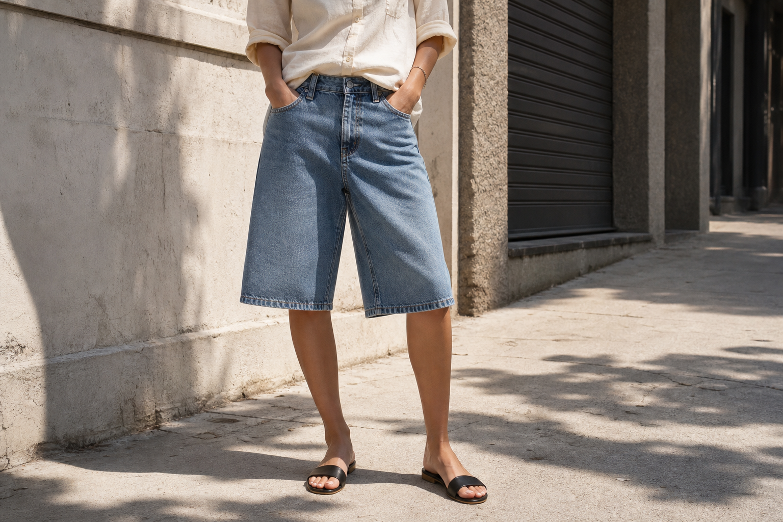 Bermuda denim al ginocchio in un outfit estivo generico
