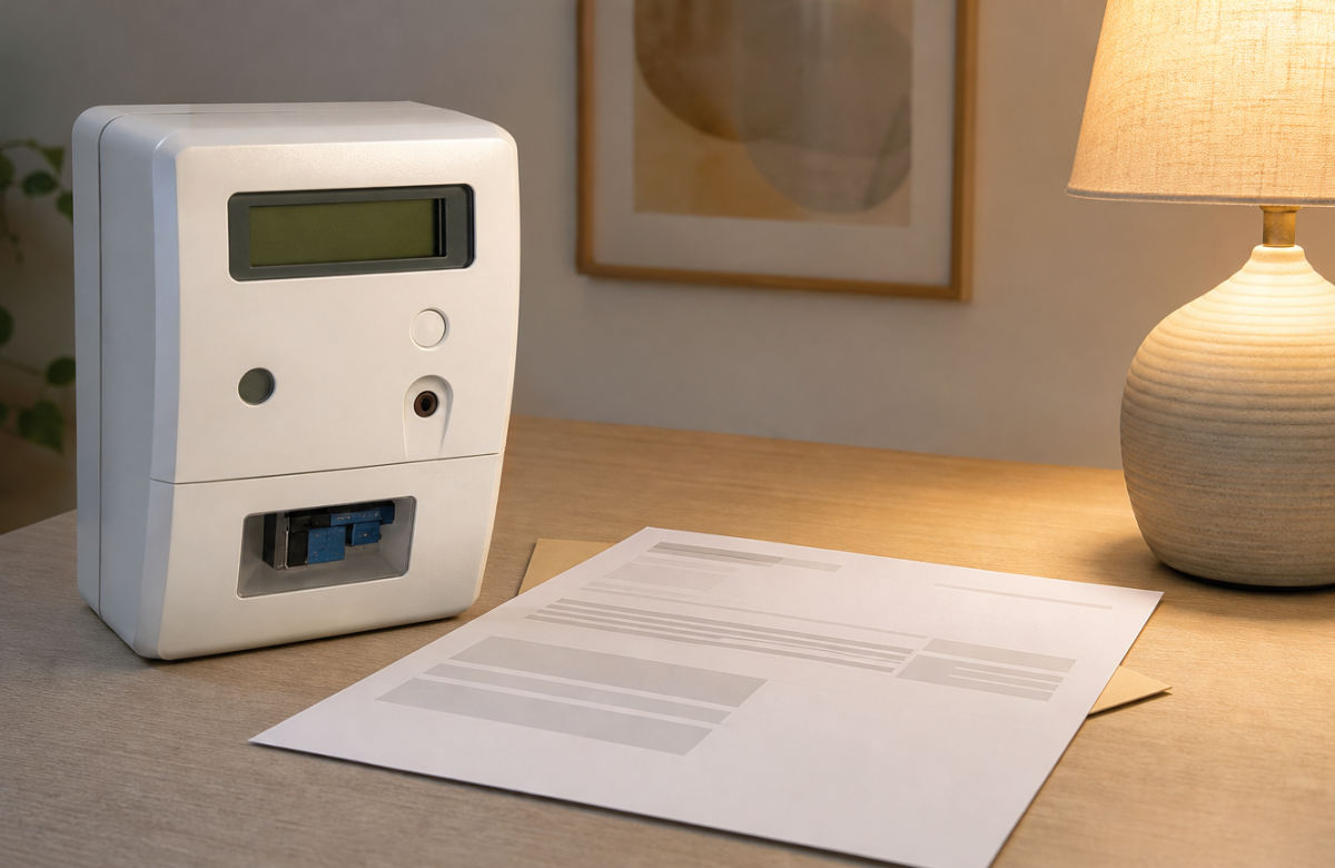 Contatore elettrico anonimo e bolletta generica su tavolo domestico