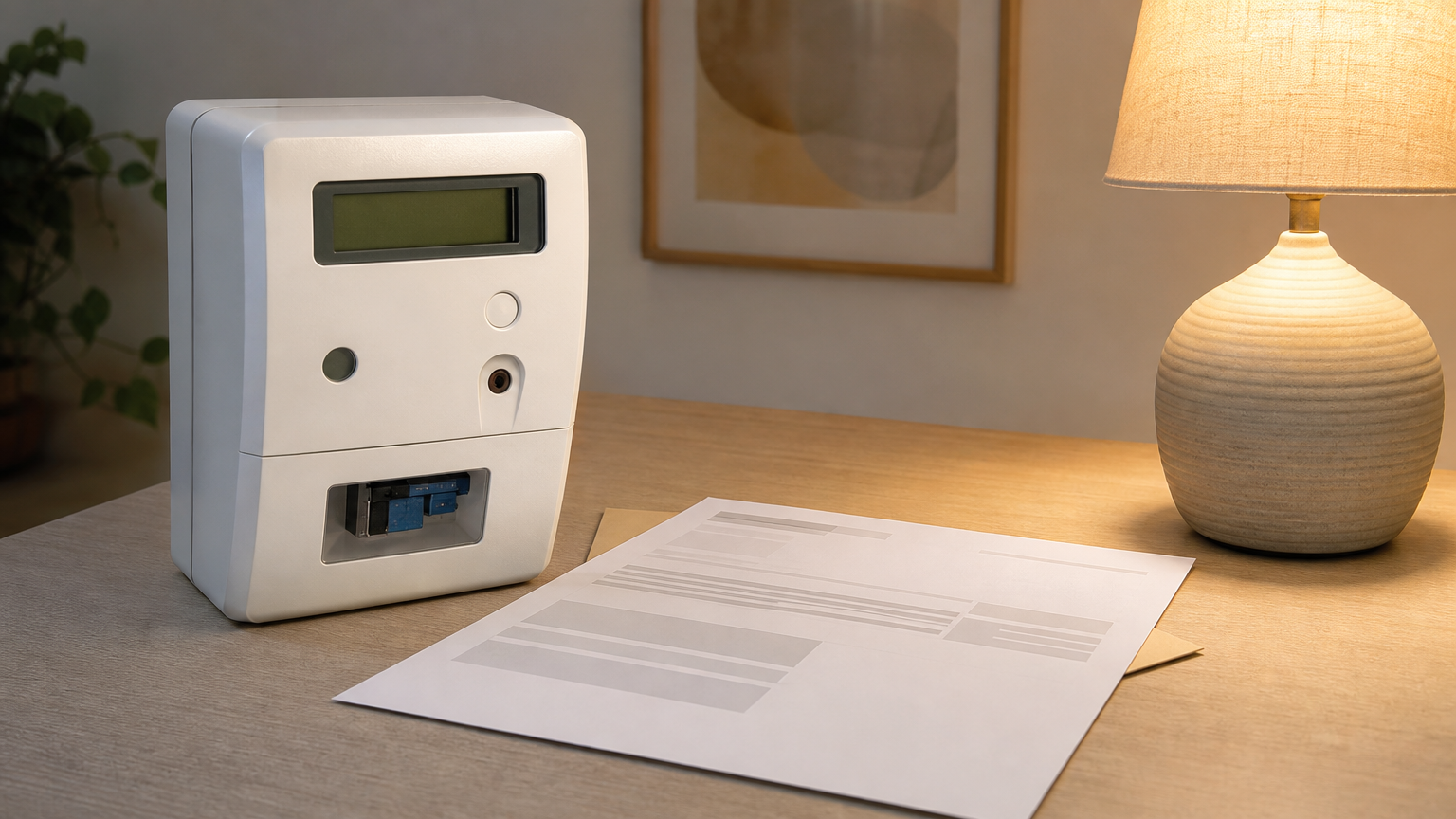 Contatore elettrico anonimo e bolletta generica su tavolo domestico