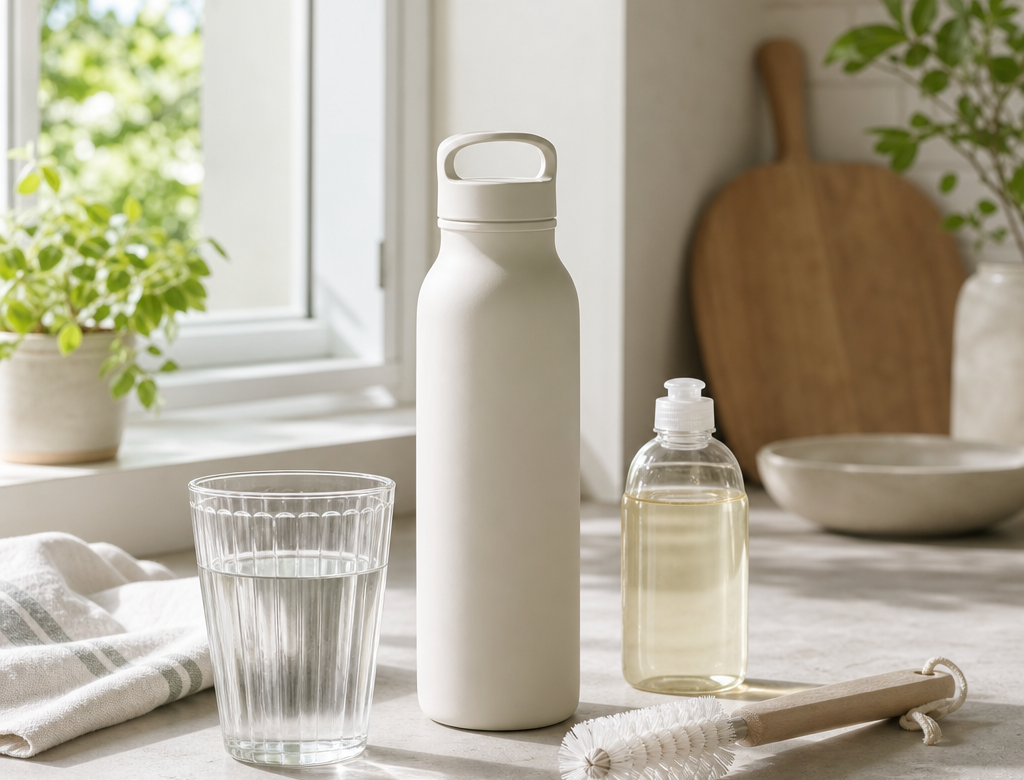 Borraccia anonima con acqua e scovolino in cucina estiva