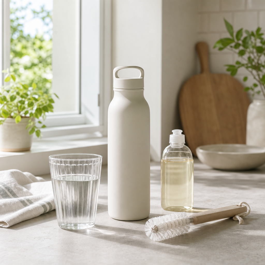 Borraccia anonima con acqua e scovolino in cucina estiva