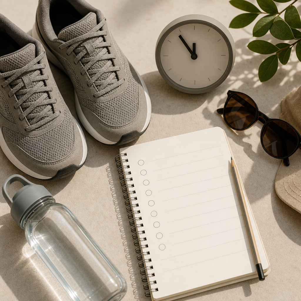 Scarpe borraccia orologio e checklist per una camminata estiva