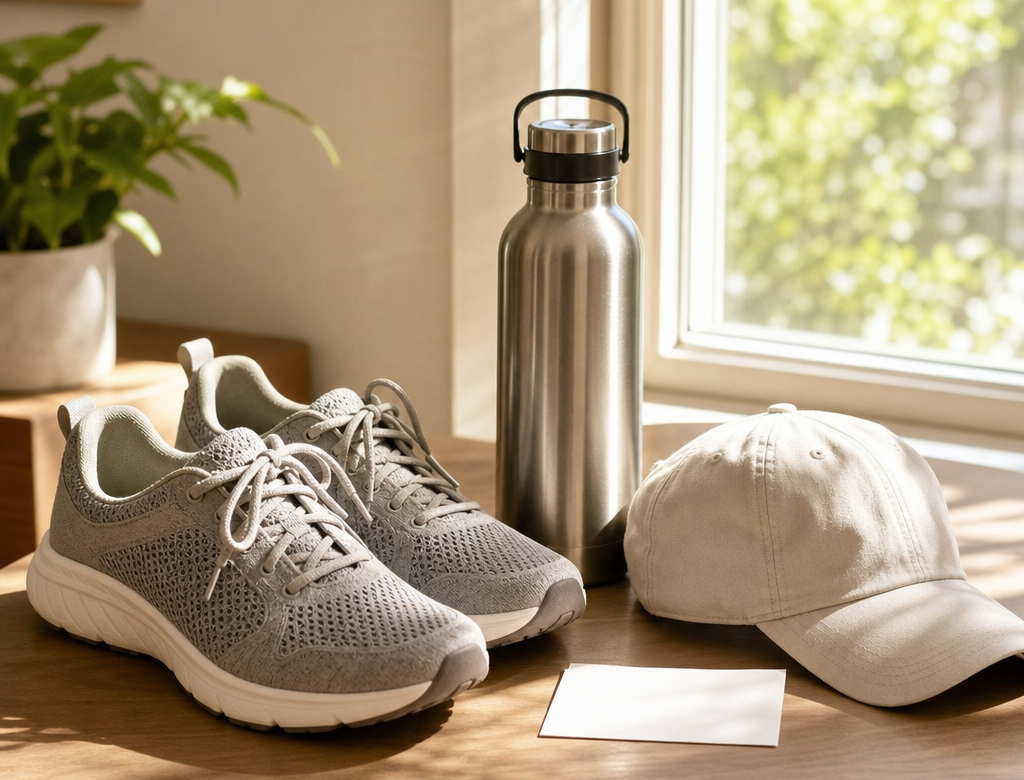 Scarpe acqua e cappello per camminare nelle ore fresche
