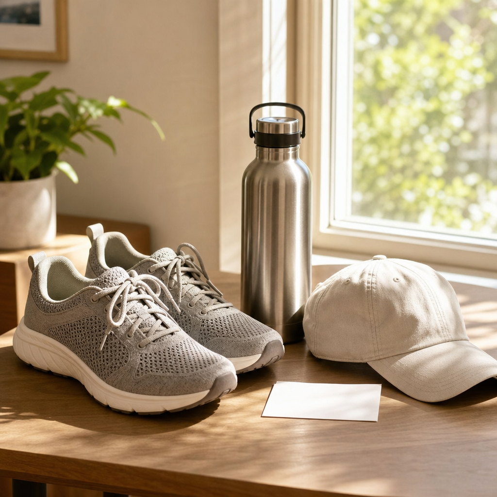 Scarpe acqua e cappello per camminare nelle ore fresche