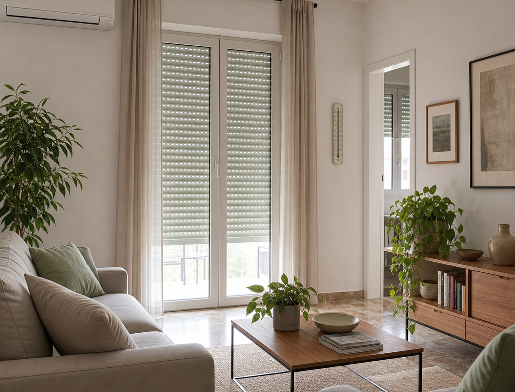 Soggiorno fresco con tapparelle abbassate e climatizzatore generico