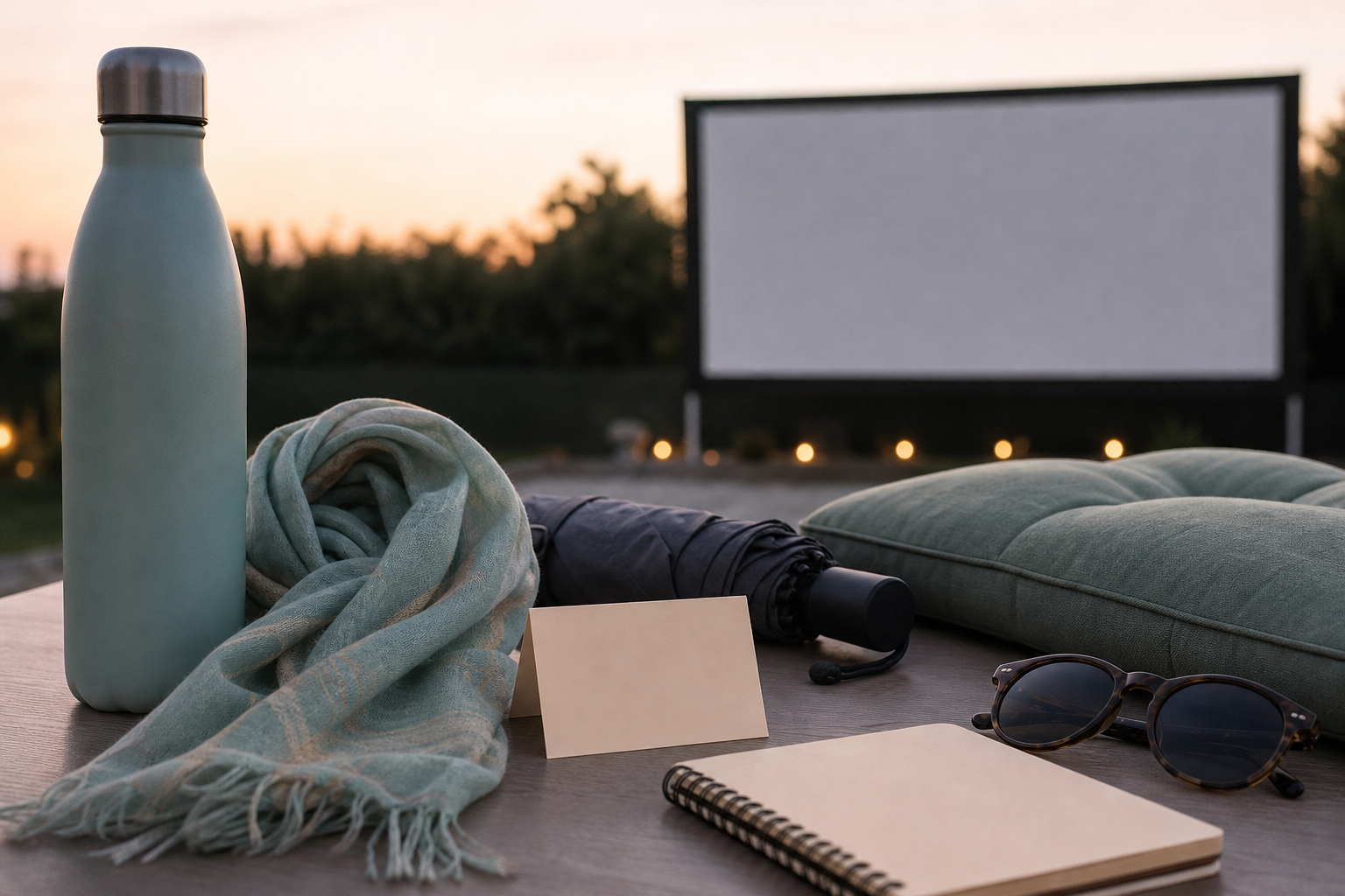 Borraccia sciarpa cuscini e schermo vuoto per una serata di cinema all aperto