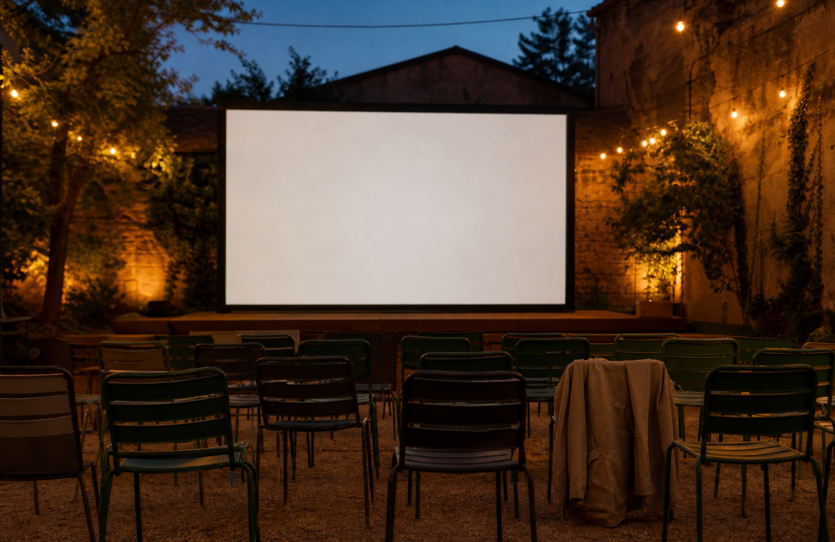 Schermo vuoto e sedie per un cinema all aperto generico