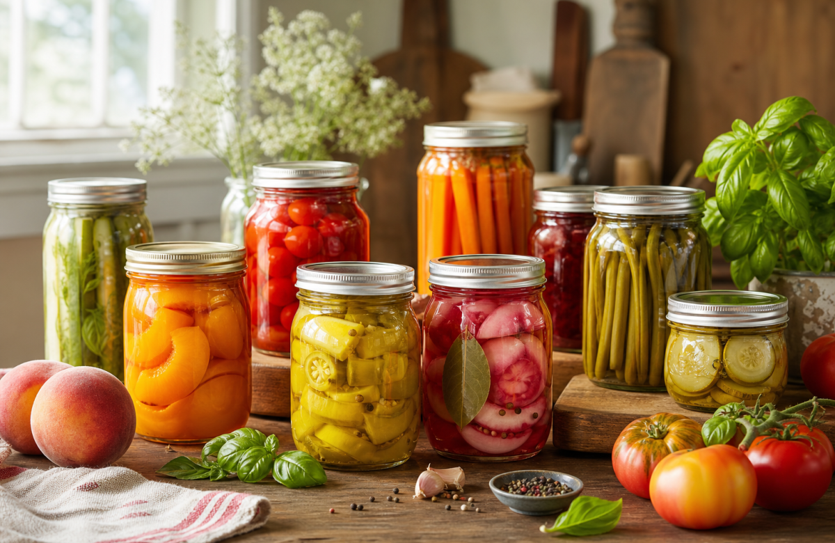 Barattoli di conserve estive in una cucina generica