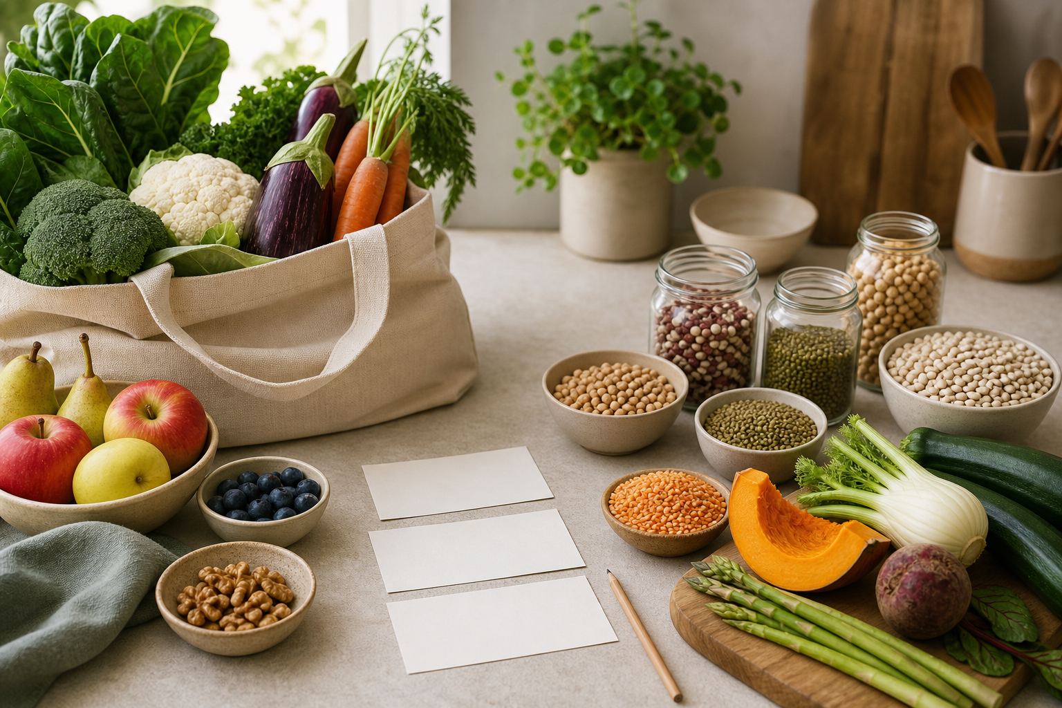 Borsa con verdure frutta legumi e schede vuote per pianificare i pasti