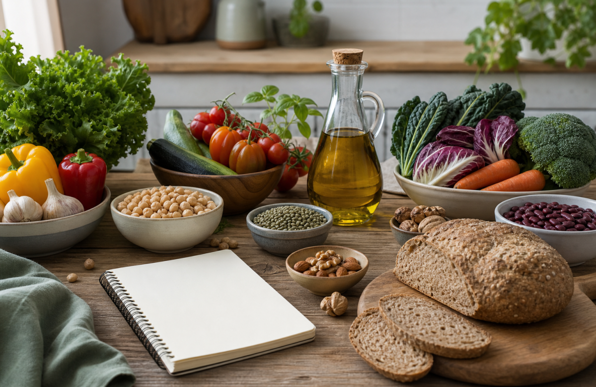 Verdure legumi pane integrale e olio su tavola mediterranea generica