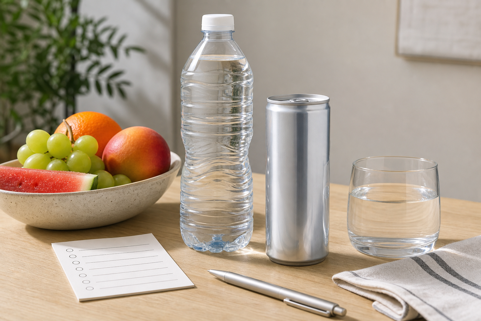 Lattina anonima, acqua e frutta in una scena estiva illustrativa