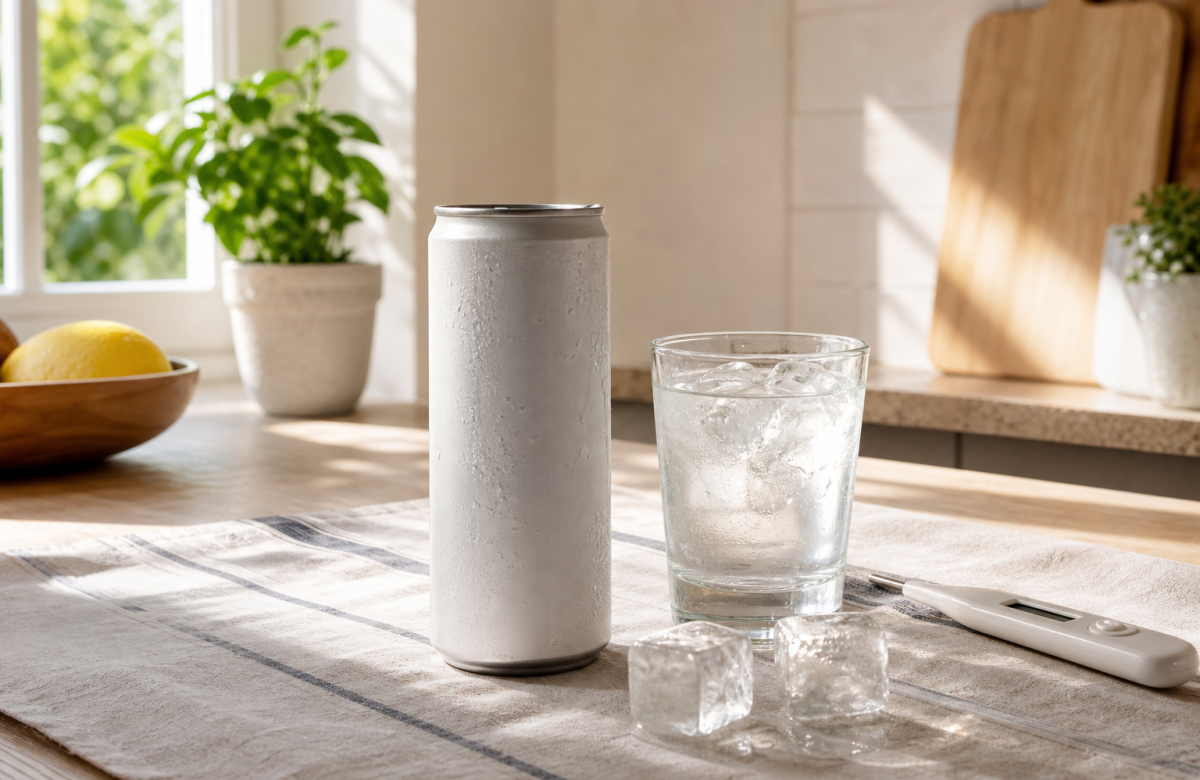 Energy drink anonimo e acqua in cucina durante il caldo