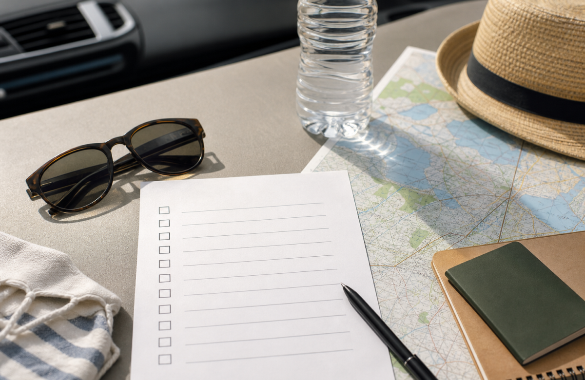 Checklist borraccia e mappa per programmare una partenza in auto