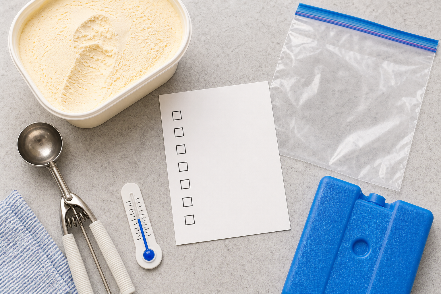 Checklist generica con gelato, termometro e ghiacciolo refrigerante