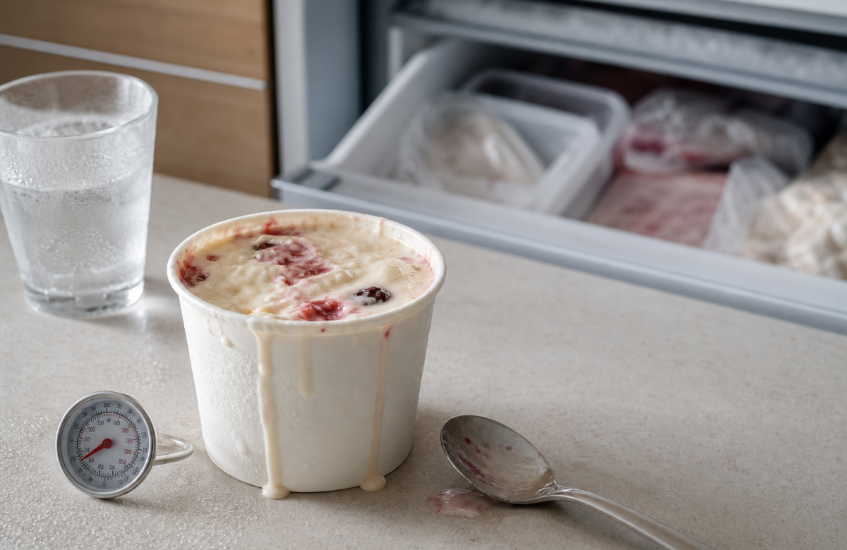 Vaschetta di gelato generica vicino al freezer, immagine illustrativa