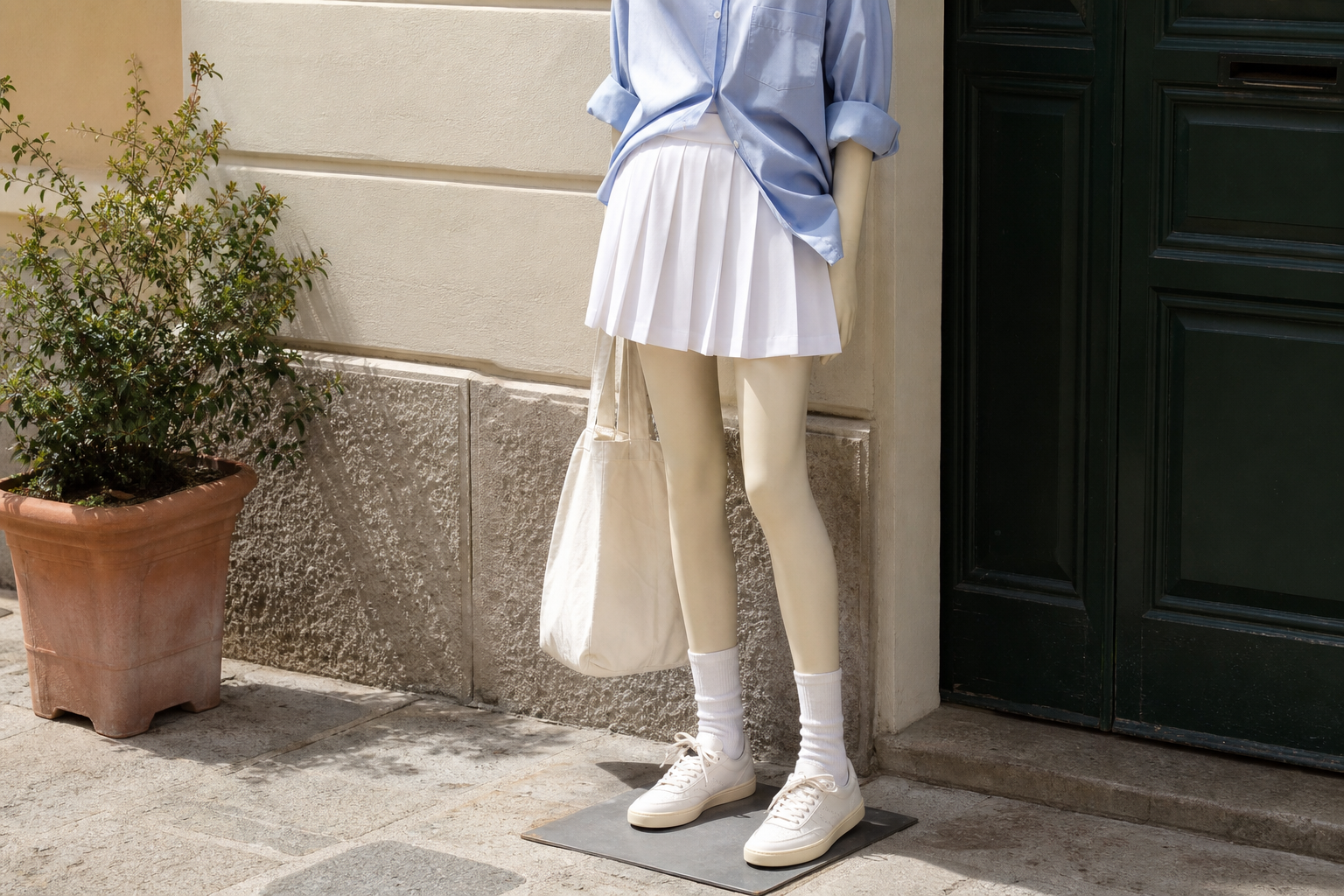Outfit urbano con gonna tennis su display generico, immagine illustrativa