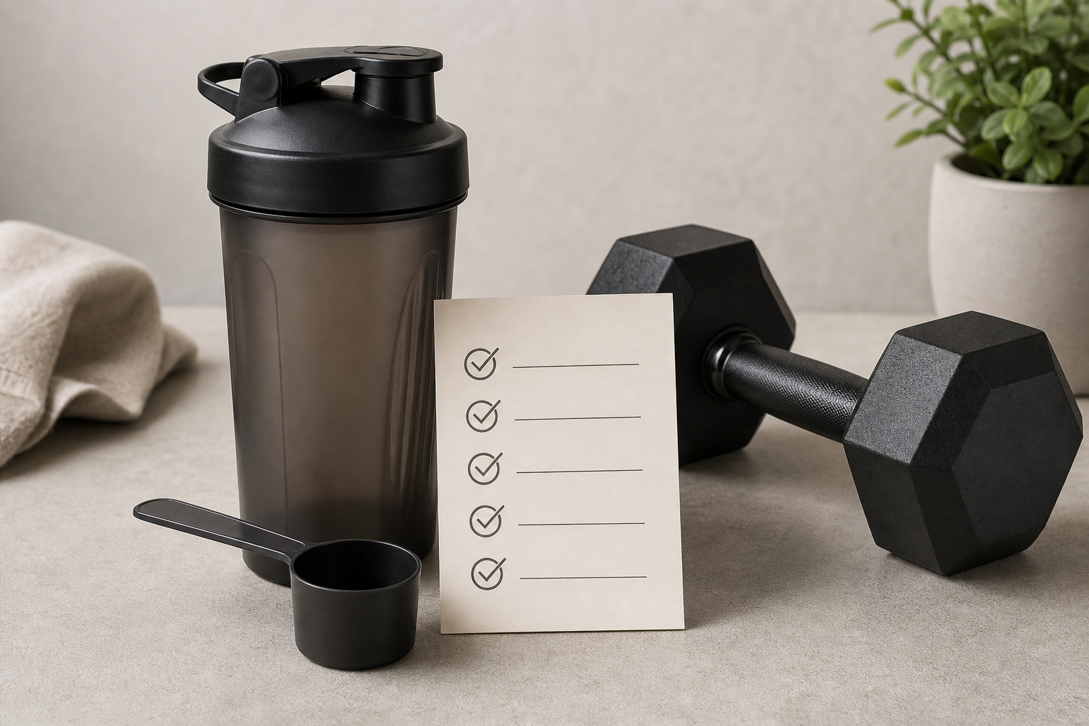 Shaker anonimo manubrio e checklist per controllare integratori sportivi