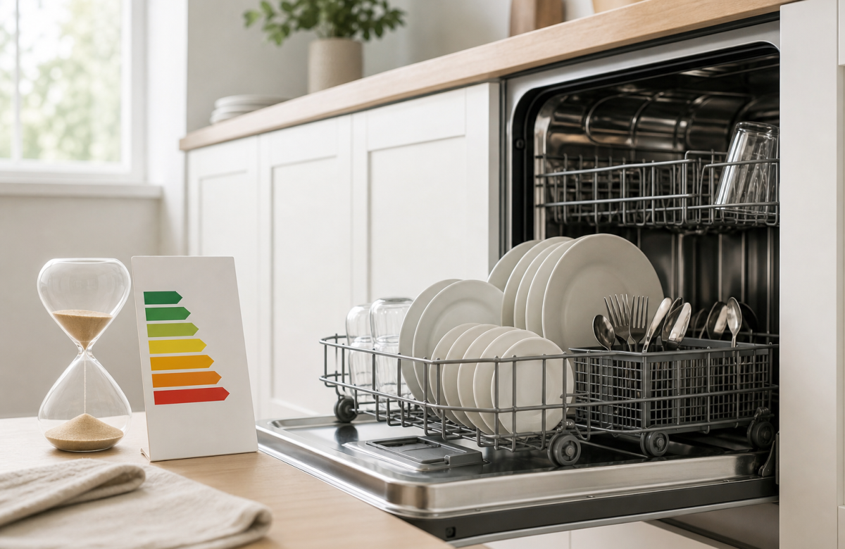 Lavastoviglie aperta in una cucina generica con stoviglie pulite