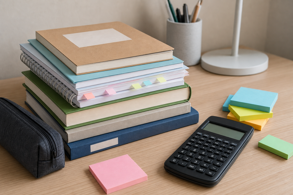 Pila di libri quaderni e calcolatrice per controllare la lista scolastica