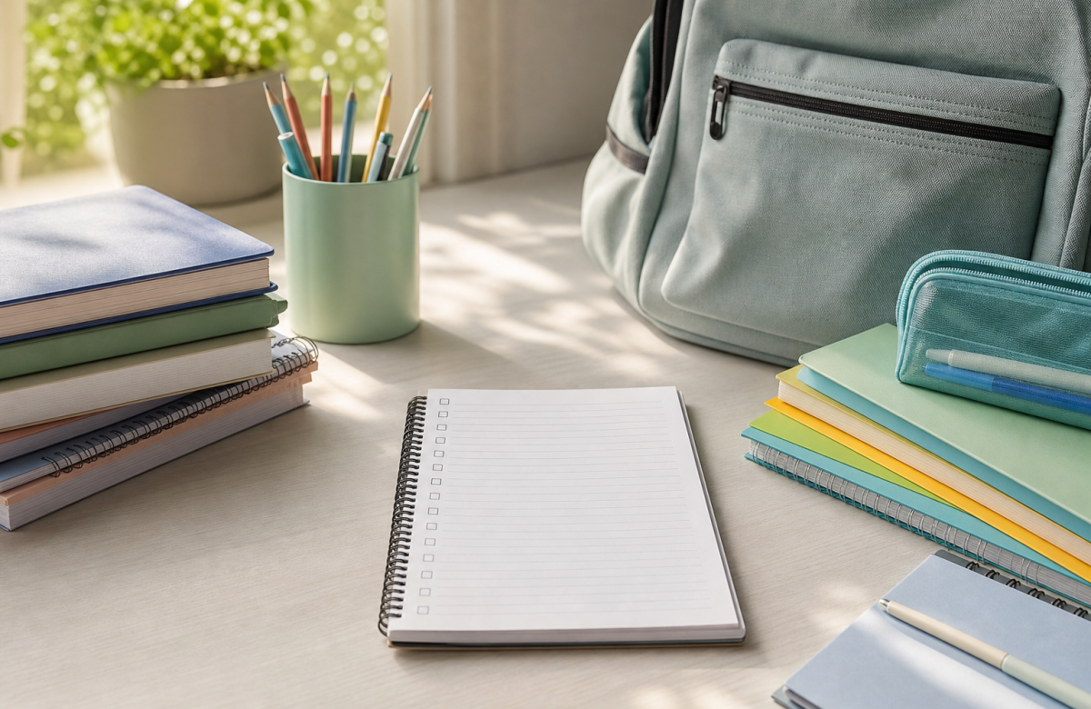 Libri quaderni zaino e lista vuota per organizzare gli acquisti scolastici