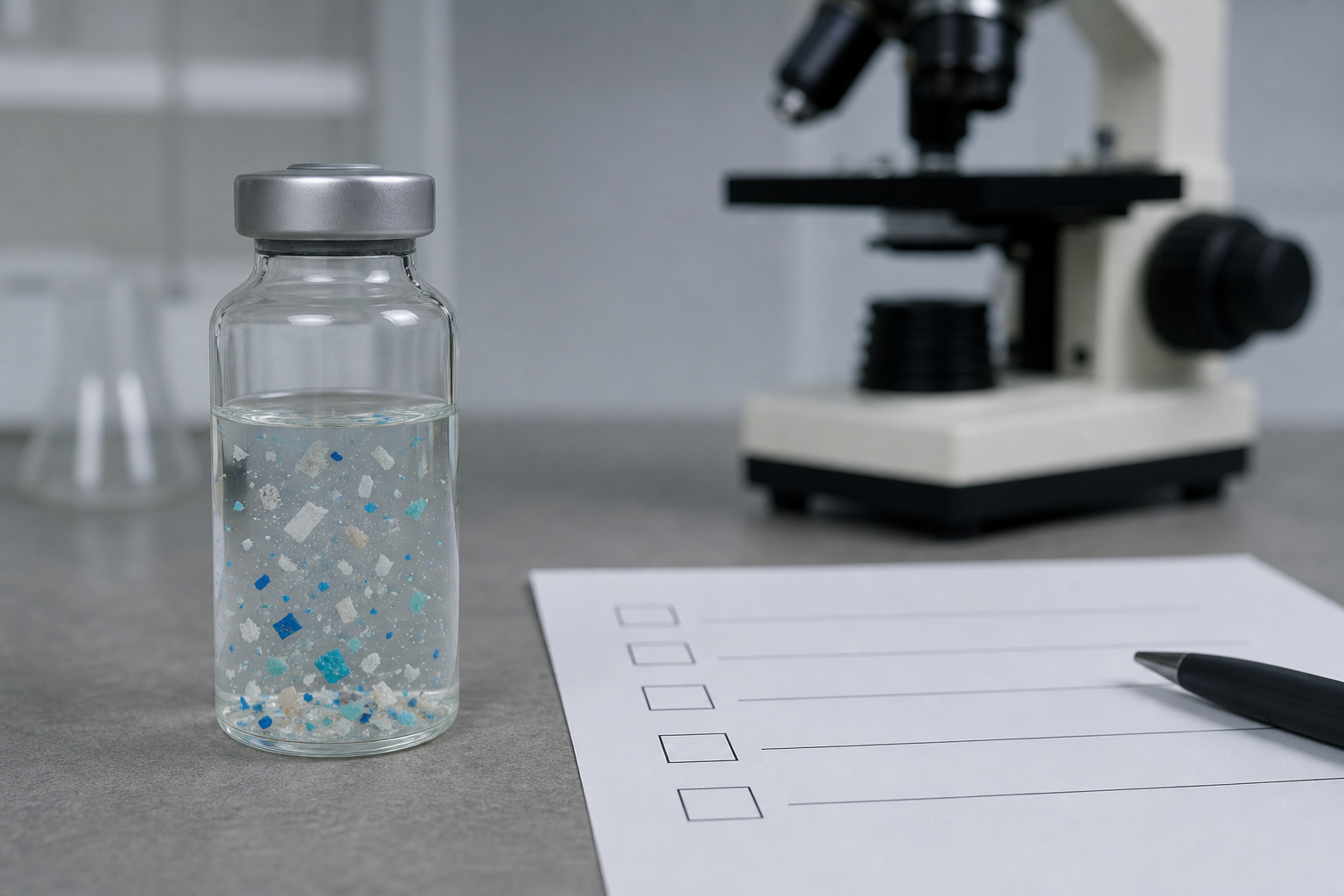 Vialetta e particelle plastiche in una scena illustrativa di laboratorio