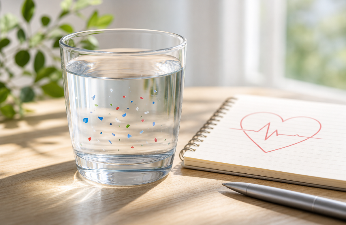 Bicchiere d’acqua con particelle plastiche e simbolo del cuore