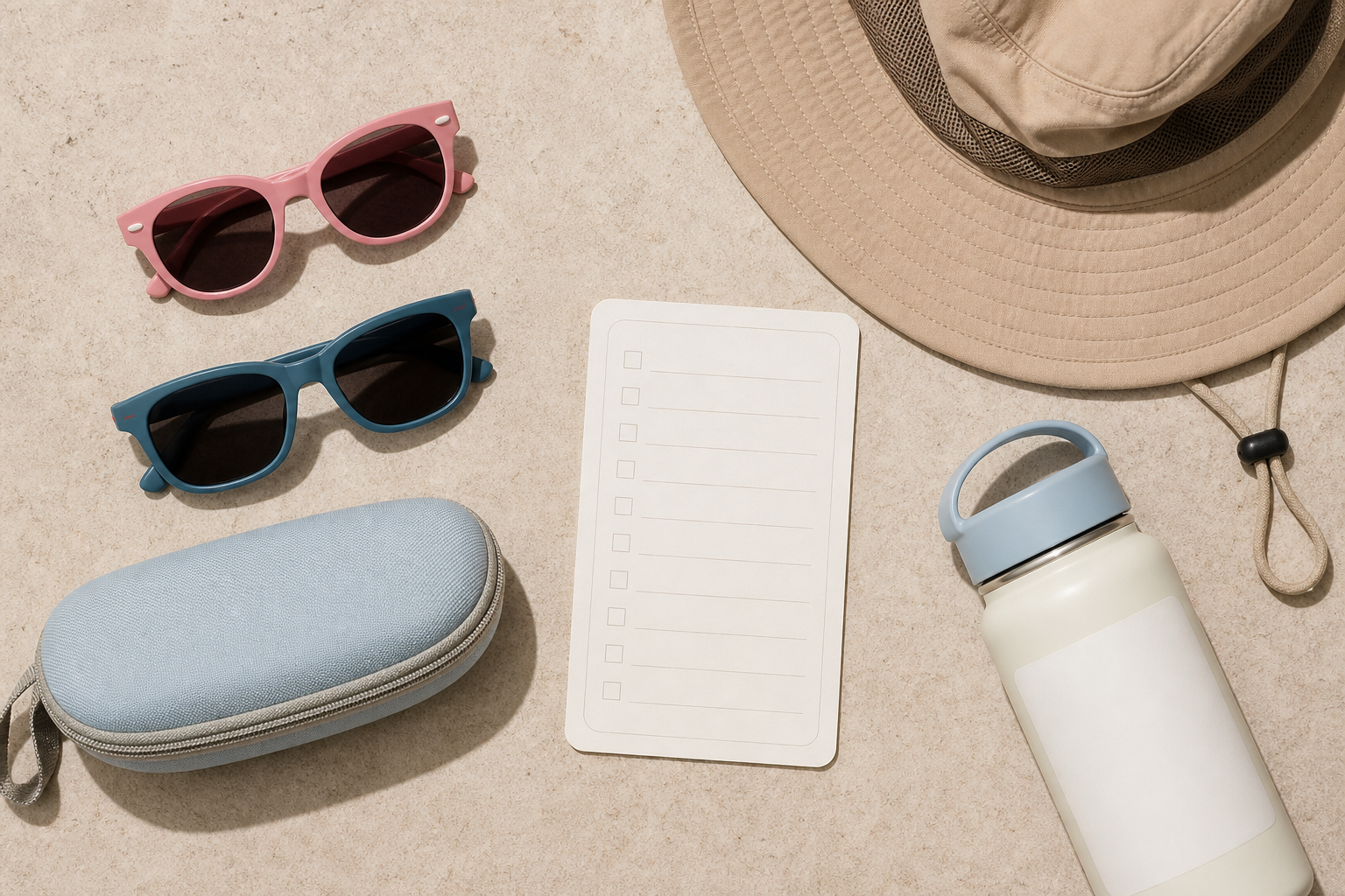 Occhiali da sole per bambini con cappello custodia e checklist vuota