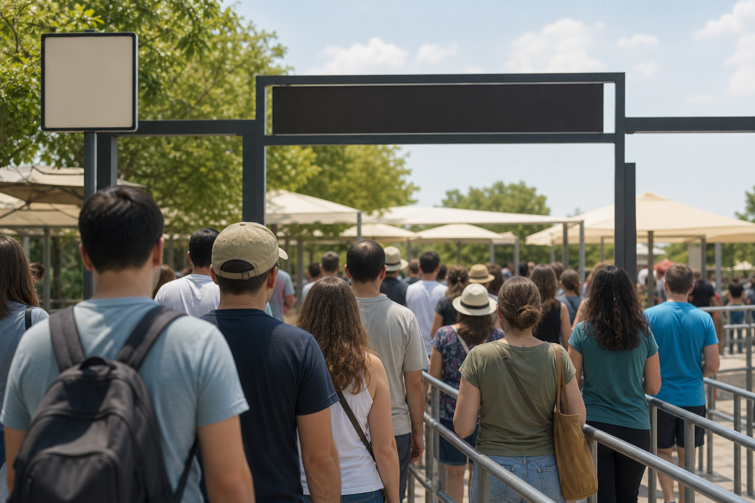 Coda generica di turisti davanti a un ingresso senza indicazioni leggibili