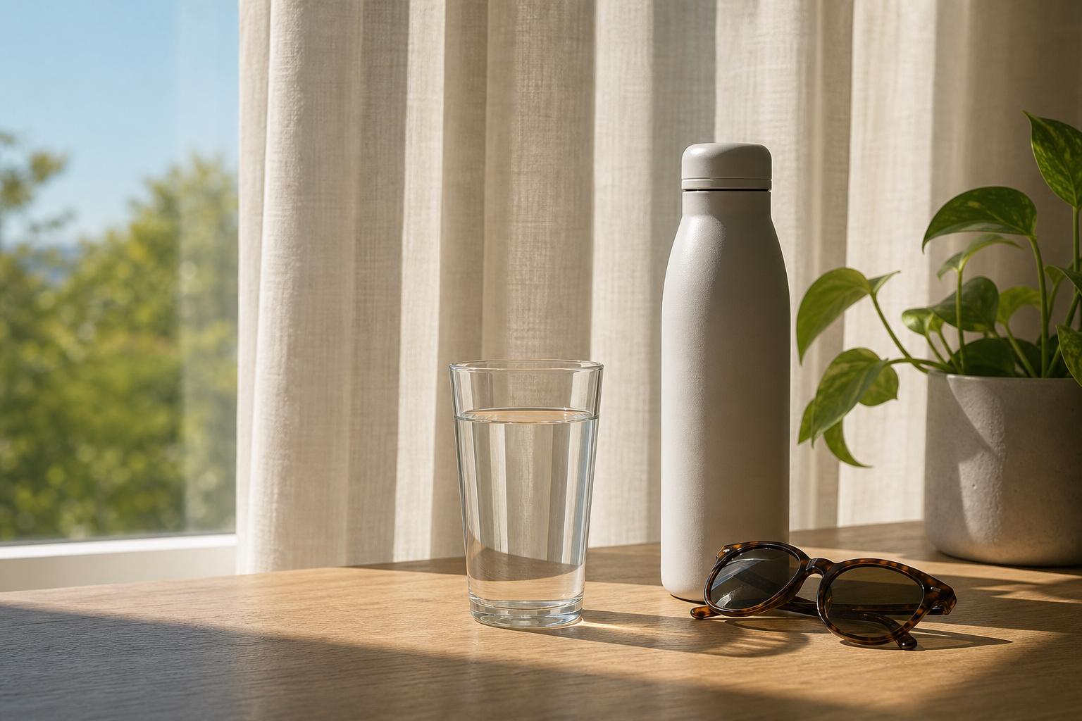 Bicchiere d'acqua, borraccia neutra e tenda che filtra il sole, immagine illustrativa