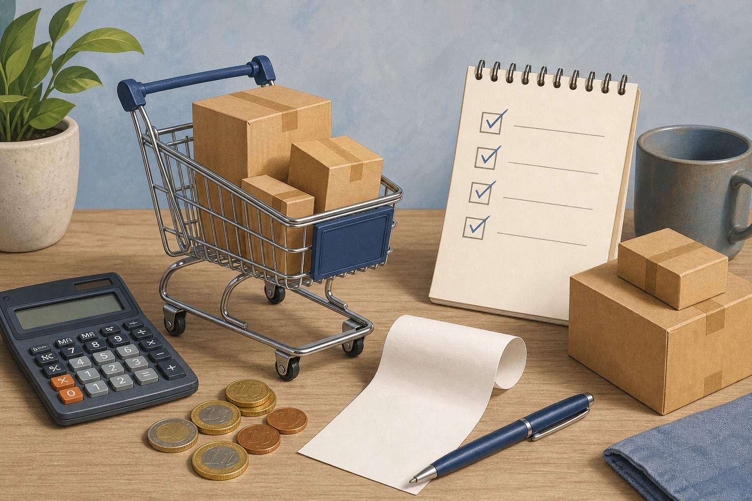 Carrello online generico con pacchi e calcolatrice in una immagine illustrativa