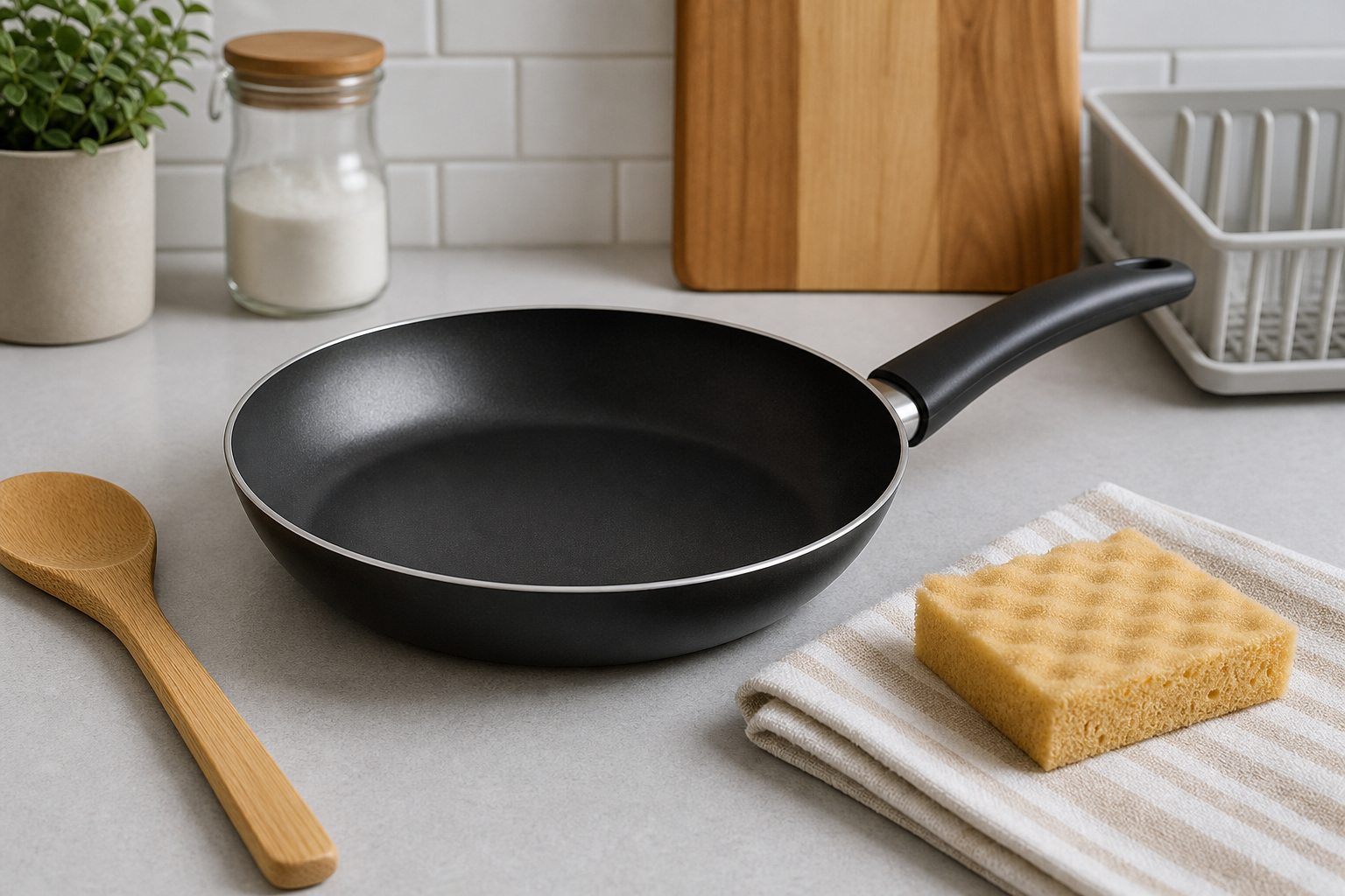 Padella antiaderente con spugna e utensile in legno