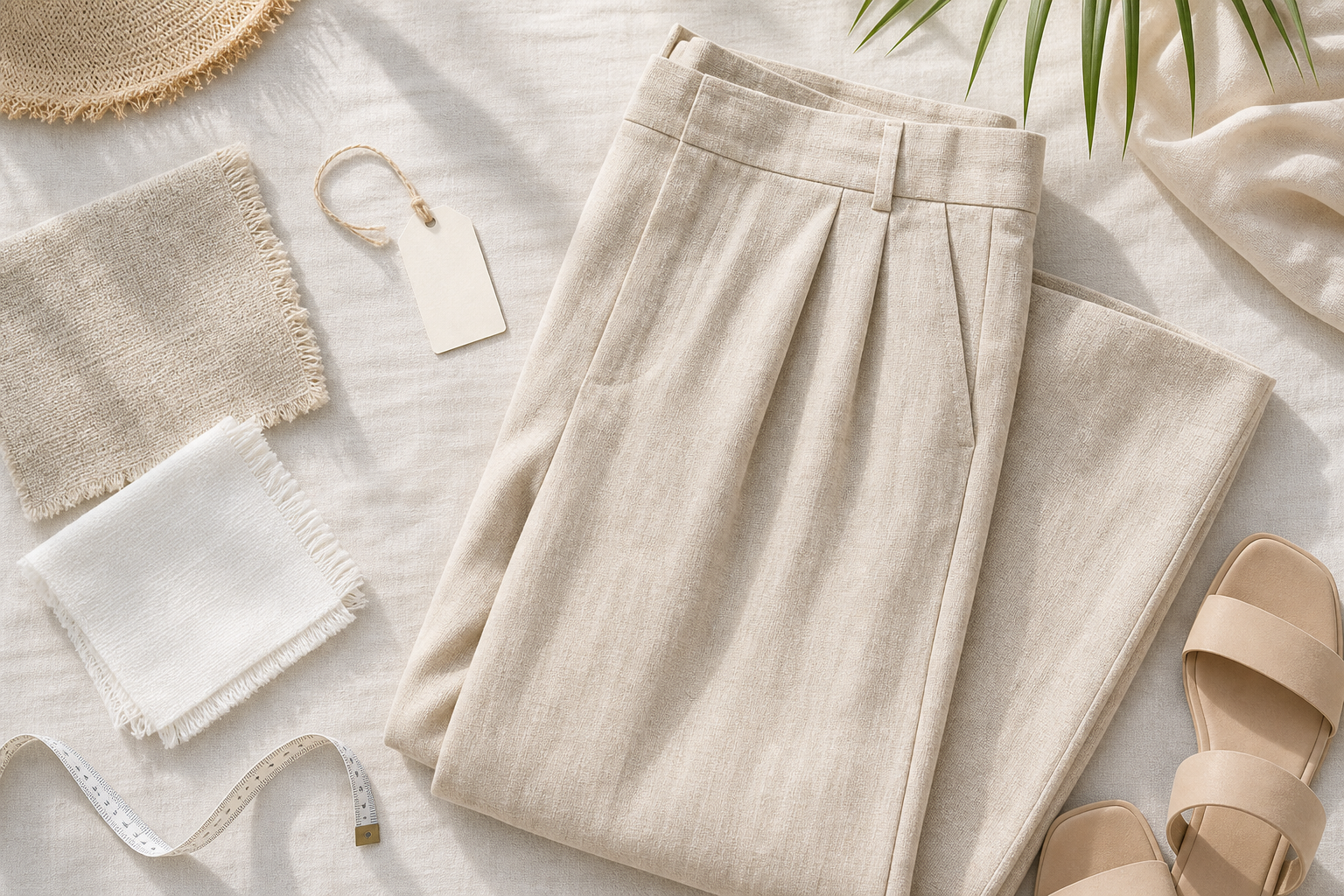 Pantaloni palazzo beige con campioni di tessuto e metro da sarta