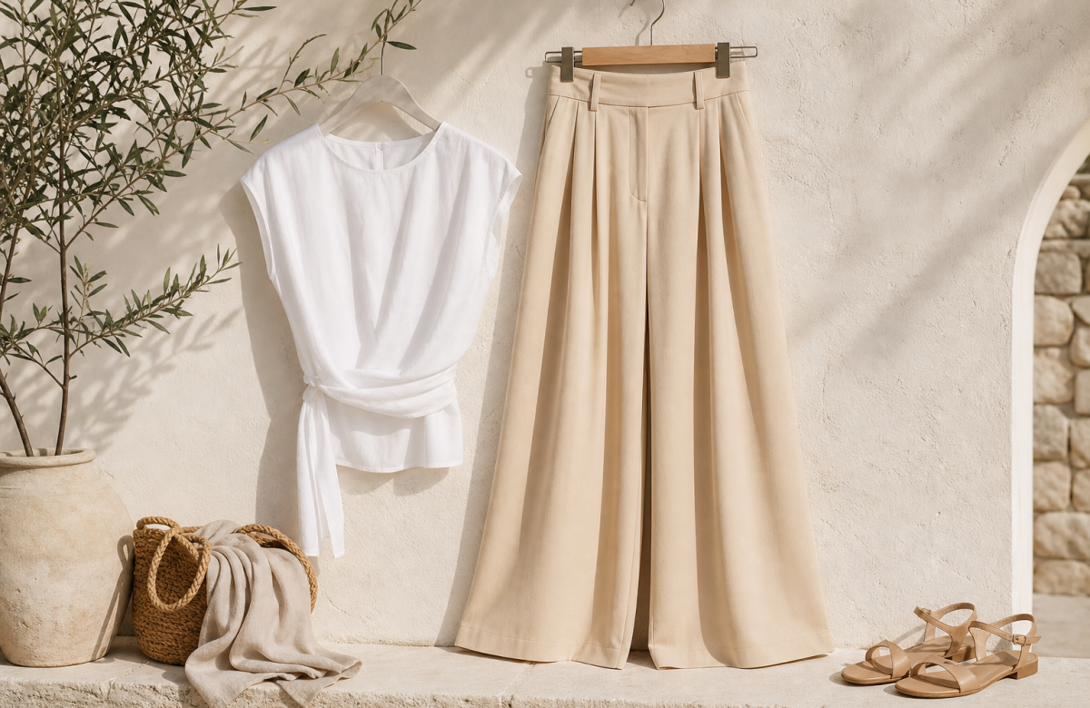 Pantaloni palazzo beige e top bianco in una composizione estiva illustrativa