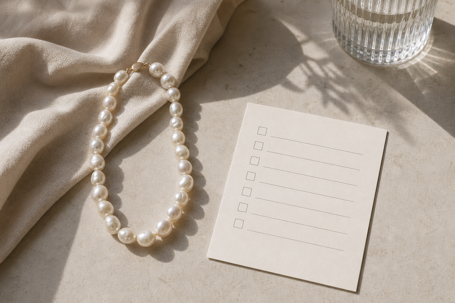 Collana di perle irregolari accanto a una scheda di controllo vuota