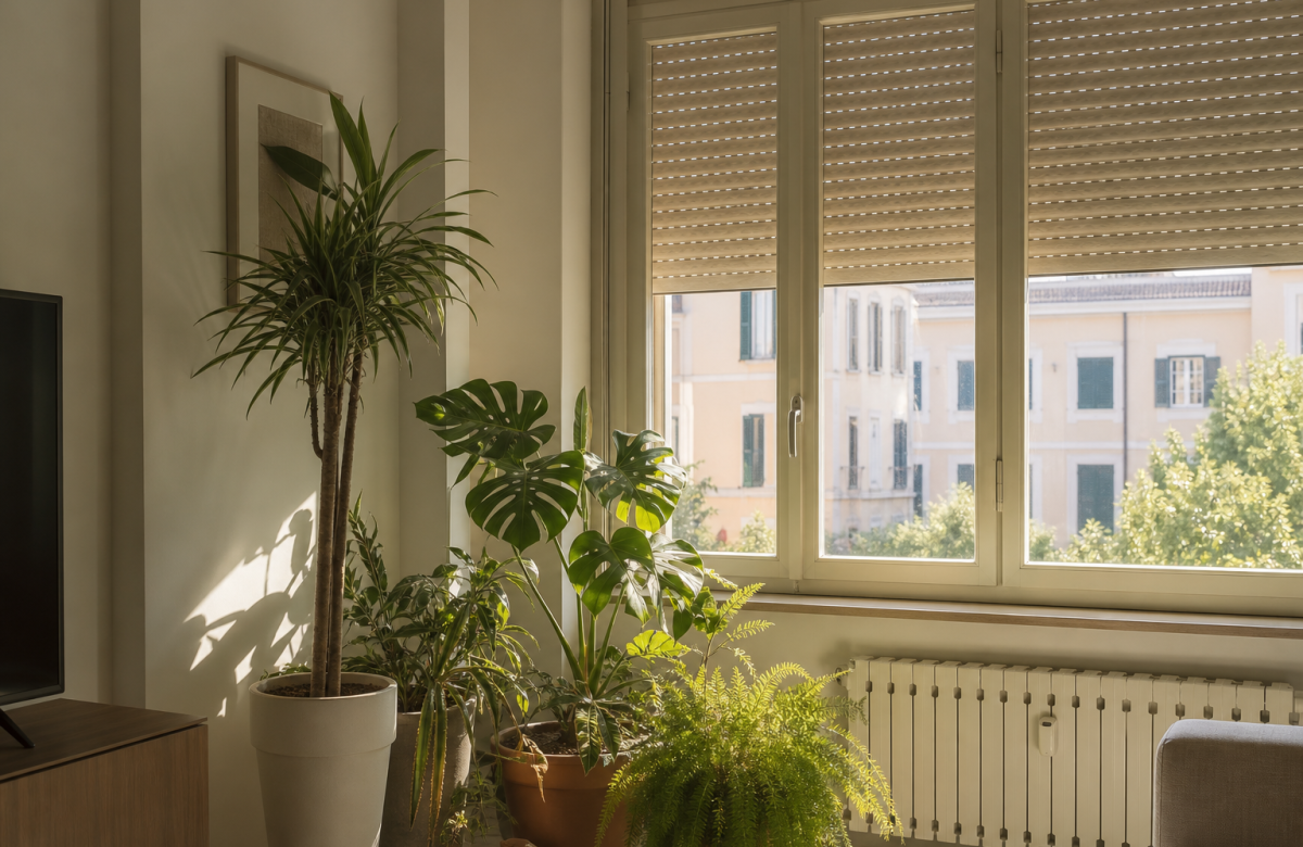 Piante da interno vicino a una finestra schermata in estate