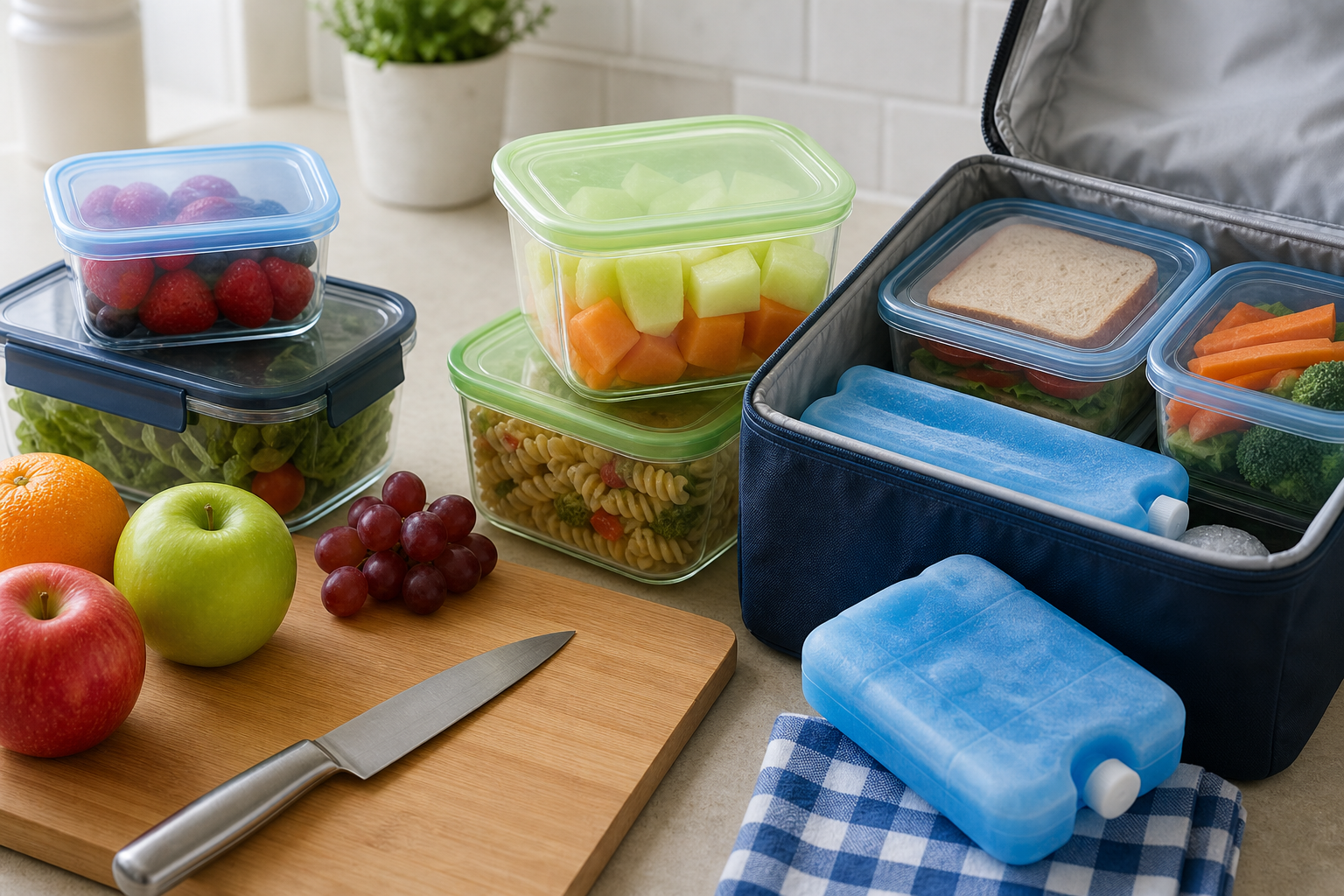 Contenitori per alimenti e mattonelle refrigeranti prima di un picnic estivo