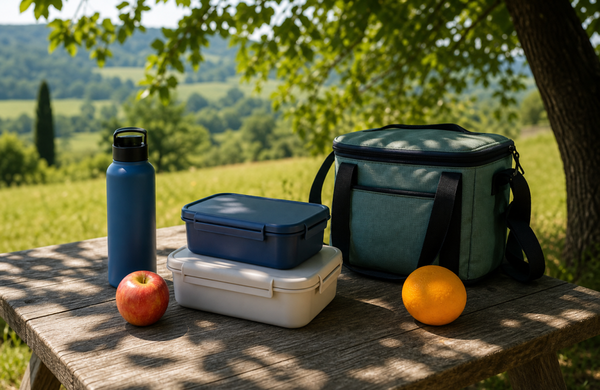 Picnic estivo con contenitori chiusi e borsa termica all'ombra