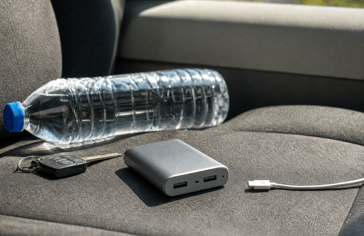 Power bank anonimo su un sedile auto durante una giornata calda