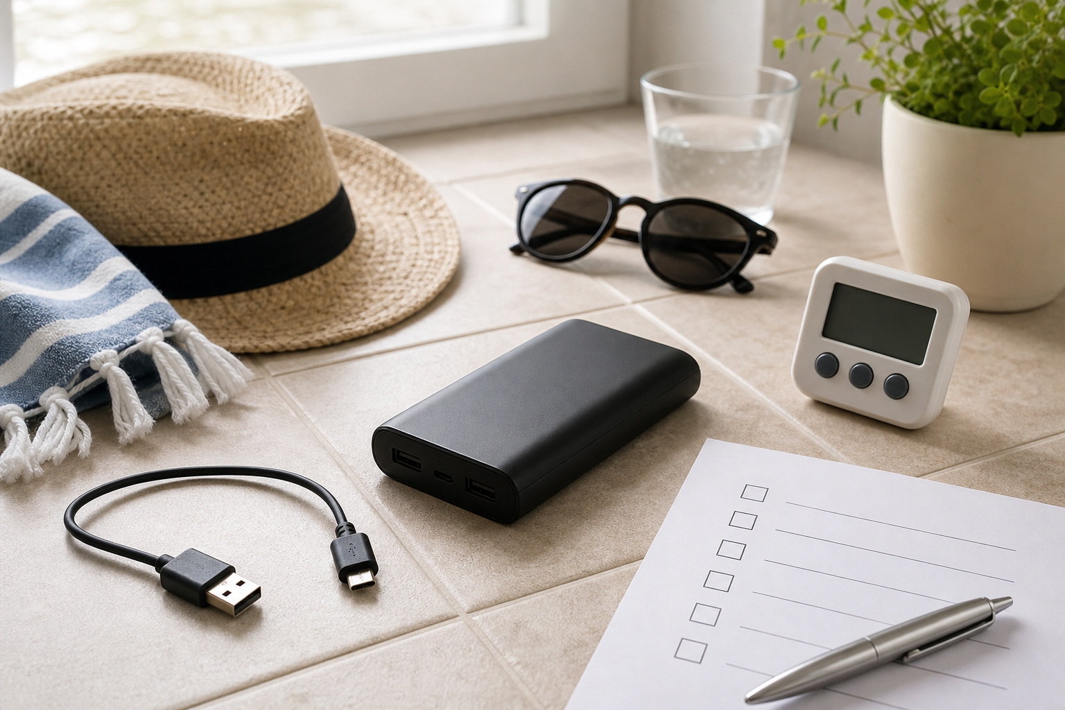 Power bank anonimo con cavo e checklist per controlli prima della ricarica