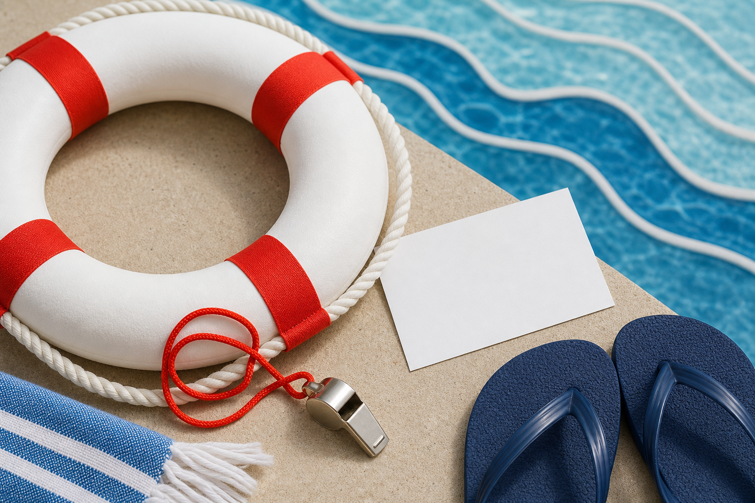 Salvagente fischietto e foglio vuoto per promemoria di sicurezza in acqua