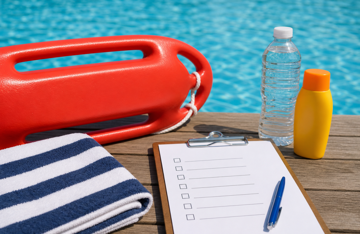 Galleggiante di salvataggio asciugamano e checklist per la sicurezza in acqua