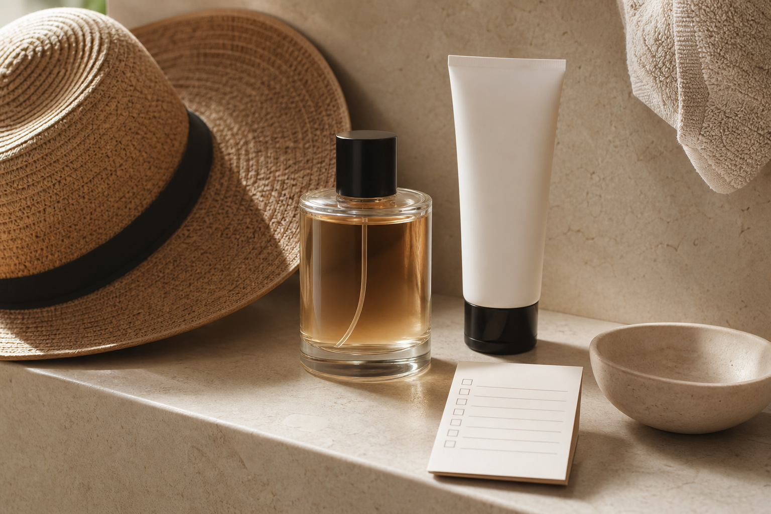 Profumo e crema solare generici su una mensola estiva