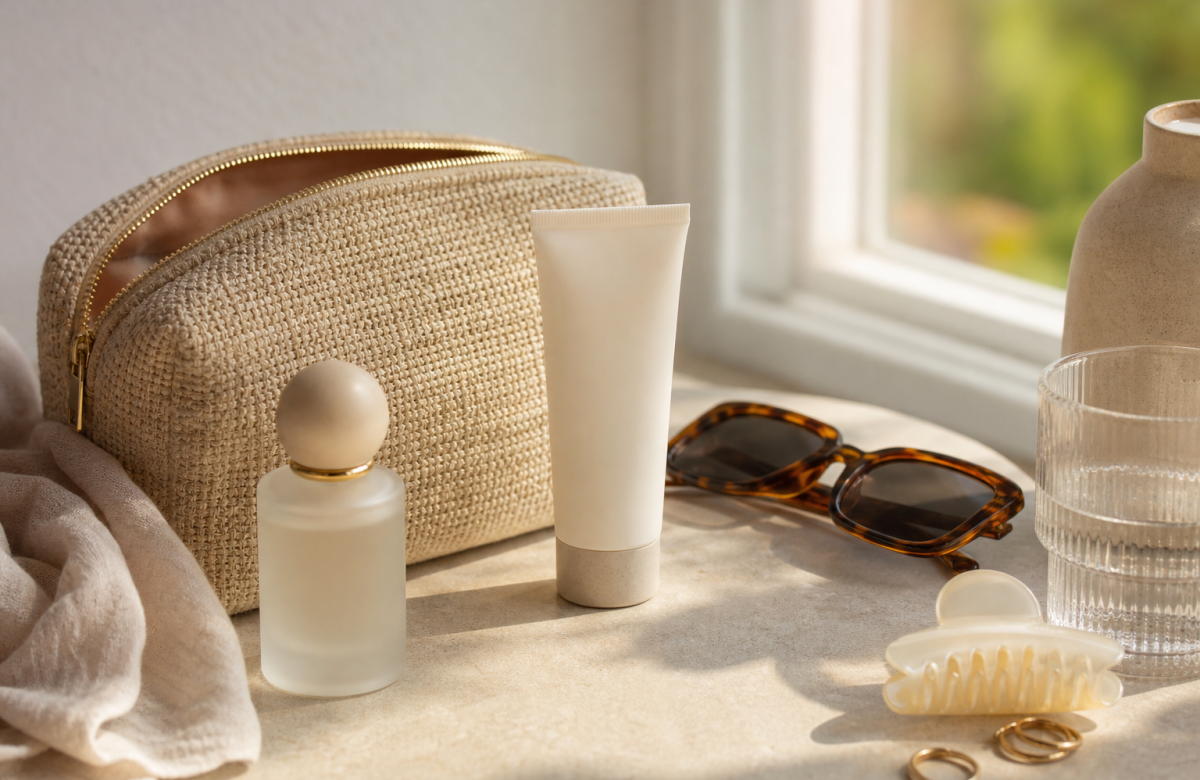 Beauty case estivo con profumo e crema solare generici