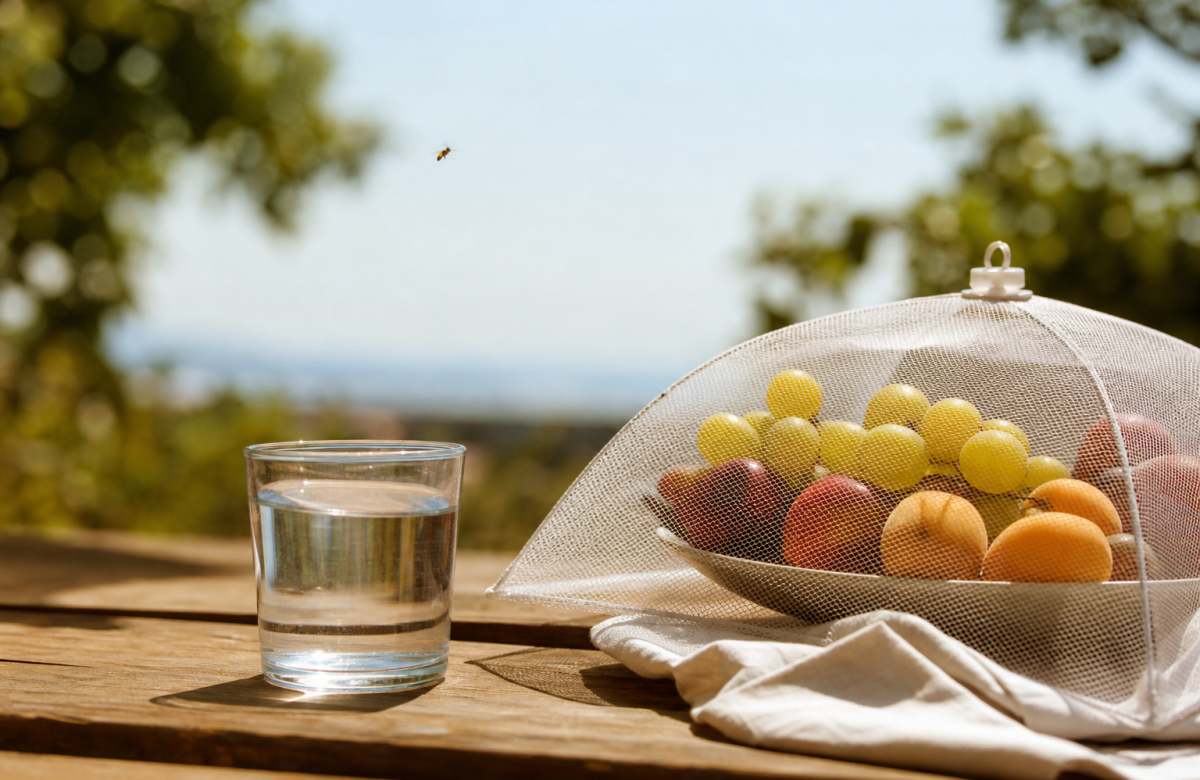 Tavolo da picnic con frutta coperta e insetto generico, immagine illustrativa