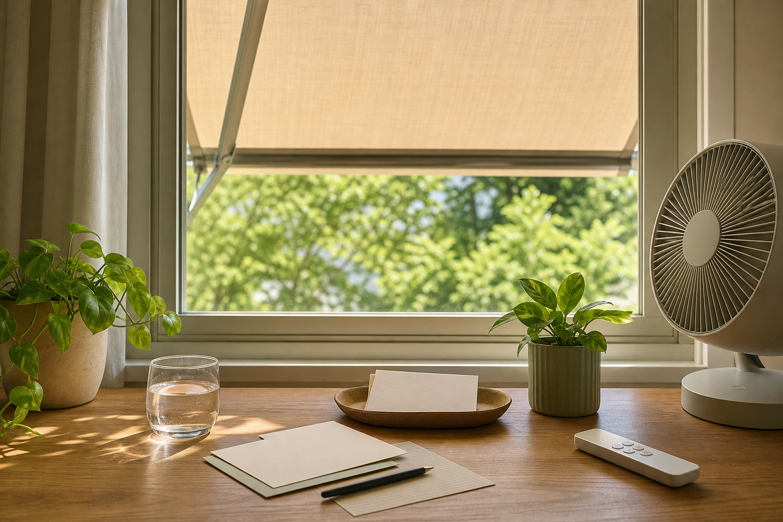 Finestra schermata piante e ventilatore per contenere il caldo in casa