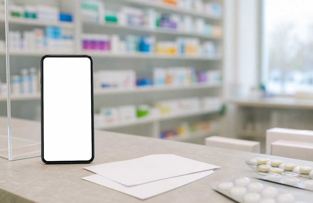 Smartphone e ricetta digitale generica in farmacia, immagine illustrativa
