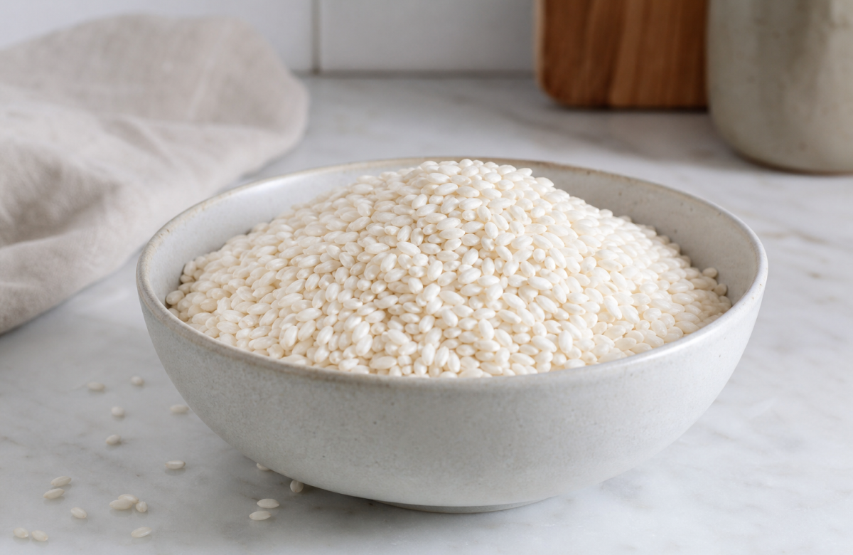 Riso sfuso in una ciotola per articolo su richiamo alimentare