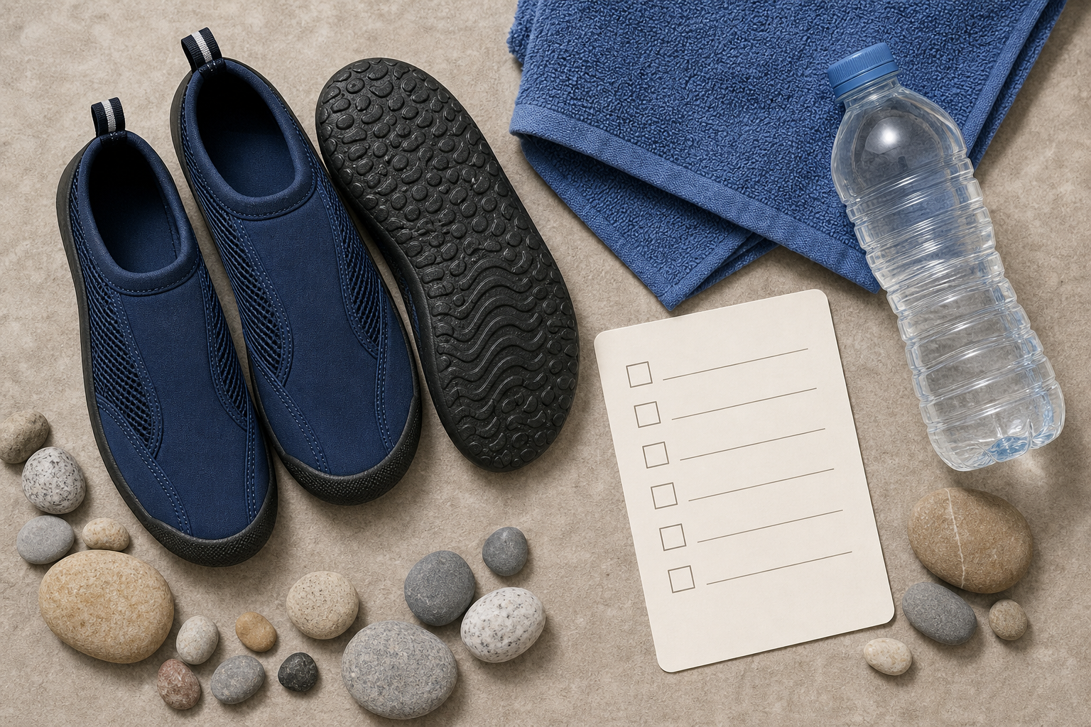 Scarpette acquatiche con suola e checklist prima della spiaggia