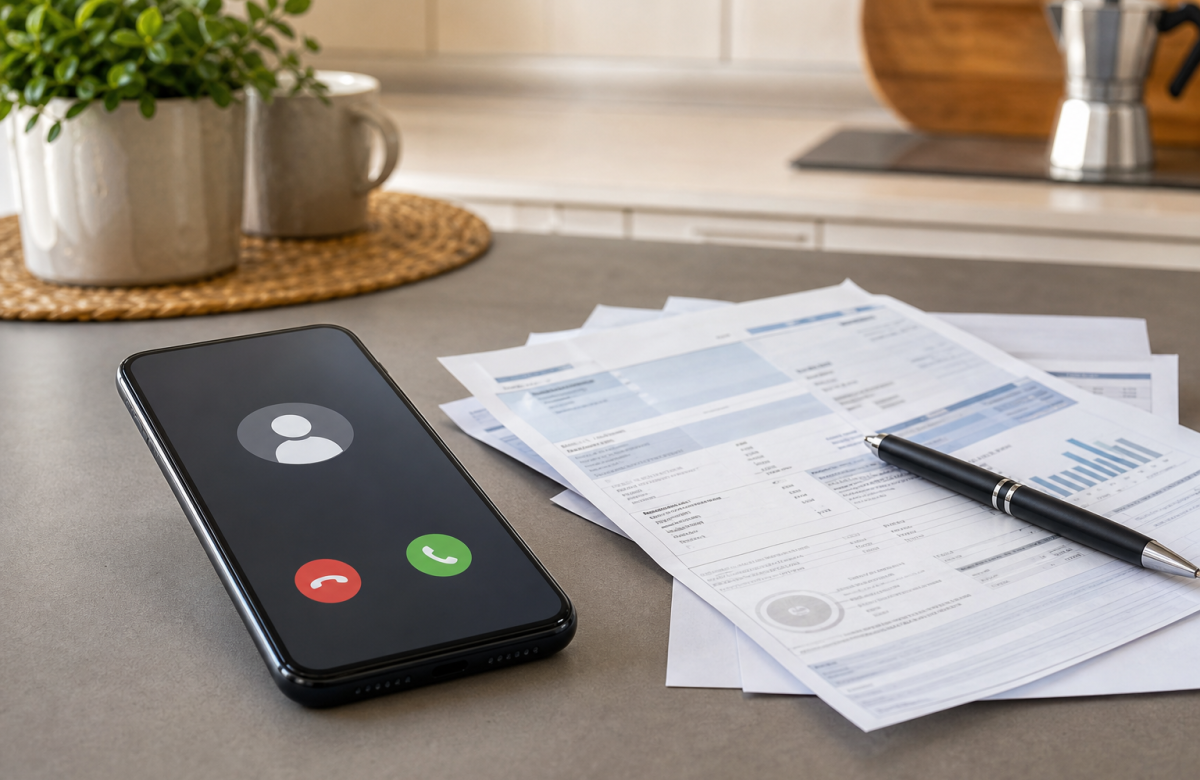 Telefono con chiamata anonima accanto a bollette generiche