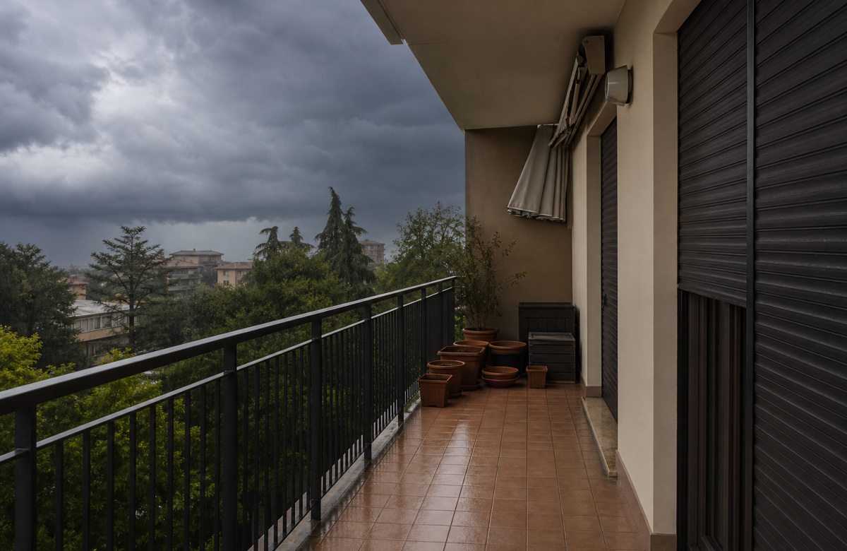 Balcone preparato prima di un temporale estivo con vasi a terra e serrande chiuse